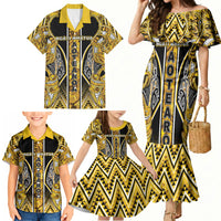 Aotearoa Ngati Whatua Family Matching Mermaid Dress and Hawaiian Shirt Maori Tribal Gold Paua Shell Pattern