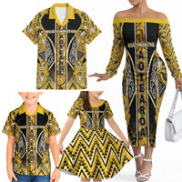 Aotearoa Ngati Whatua Family Matching Off The Shoulder Long Sleeve Dress and Hawaiian Shirt Maori Tribal Gold Paua Shell Pattern