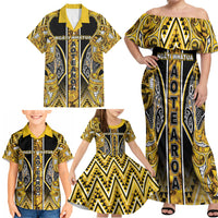 Aotearoa Ngati Whatua Family Matching Off Shoulder Maxi Dress and Hawaiian Shirt Maori Tribal Gold Paua Shell Pattern