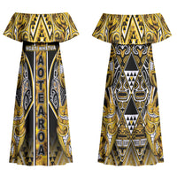 Aotearoa Ngati Whatua Family Matching Off Shoulder Maxi Dress and Hawaiian Shirt Maori Tribal Gold Paua Shell Pattern