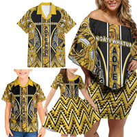 Aotearoa Ngati Whatua Family Matching Off Shoulder Short Dress and Hawaiian Shirt Maori Tribal Gold Paua Shell Pattern