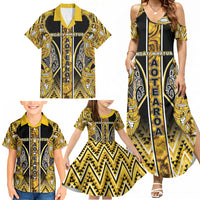 Aotearoa Ngati Whatua Family Matching Summer Maxi Dress and Hawaiian Shirt Maori Tribal Gold Paua Shell Pattern