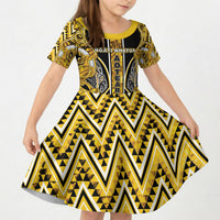 Aotearoa Ngati Whatua Kid Short Sleeve Dress Maori Tribal Gold Paua Shell Pattern