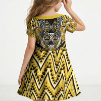 Aotearoa Ngati Whatua Kid Short Sleeve Dress Maori Tribal Gold Paua Shell Pattern