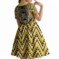 Aotearoa Ngati Whatua Kid Short Sleeve Dress Maori Tribal Gold Paua Shell Pattern