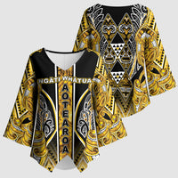 Aotearoa Ngati Whatua Kimono Sleeve Blouse Maori Tribal Gold Paua Shell Pattern