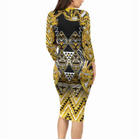 Aotearoa Ngati Whatua Long Sleeve Bodycon Dress Maori Tribal Gold Paua Shell Pattern