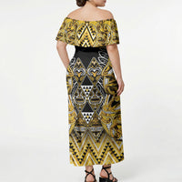 Aotearoa Ngati Whatua Off Shoulder Maxi Dress Maori Tribal Gold Paua Shell Pattern