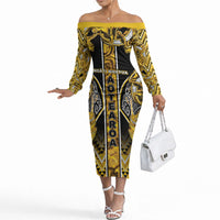 Aotearoa Ngati Whatua Off The Shoulder Long Sleeve Dress Maori Tribal Gold Paua Shell Pattern