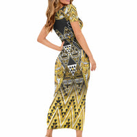 Aotearoa Ngati Whatua Short Sleeve Bodycon Dress Maori Tribal Gold Paua Shell Pattern
