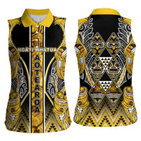 Aotearoa Ngati Whatua Women Sleeveless Polo Shirt Maori Tribal Gold Paua Shell Pattern