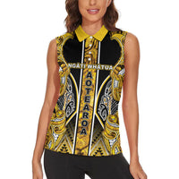 Aotearoa Ngati Whatua Women Sleeveless Polo Shirt Maori Tribal Gold Paua Shell Pattern