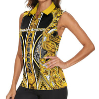 Aotearoa Ngati Whatua Women Sleeveless Polo Shirt Maori Tribal Gold Paua Shell Pattern