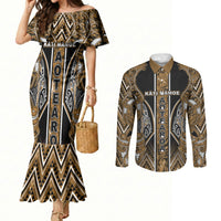 Aotearoa Kati Mamoe Couples Matching Mermaid Dress and Long Sleeve Button Shirt Maori Brown Tribal Paua Shell Pattern