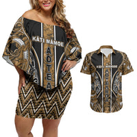 Aotearoa Kati Mamoe Couples Matching Off Shoulder Short Dress and Hawaiian Shirt Maori Brown Tribal Paua Shell Pattern