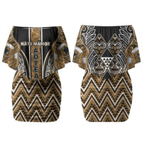 Aotearoa Kati Mamoe Couples Matching Off Shoulder Short Dress and Long Sleeve Button Shirt Maori Brown Tribal Paua Shell Pattern