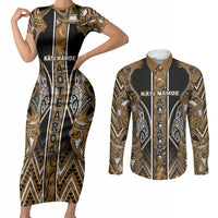 Aotearoa Kati Mamoe Couples Matching Short Sleeve Bodycon Dress and Long Sleeve Button Shirt Maori Brown Tribal Paua Shell Pattern