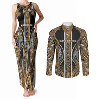 Aotearoa Kati Mamoe Couples Matching Tank Maxi Dress and Long Sleeve Button Shirt Maori Brown Tribal Paua Shell Pattern