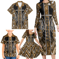 Aotearoa Kati Mamoe Family Matching Long Sleeve Bodycon Dress and Hawaiian Shirt Maori Brown Tribal Paua Shell Pattern