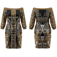 Aotearoa Kati Mamoe Family Matching Off The Shoulder Long Sleeve Dress and Hawaiian Shirt Maori Brown Tribal Paua Shell Pattern