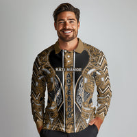 Aotearoa Kati Mamoe Long Sleeve Polo Shirt Maori Brown Tribal Paua Shell Pattern