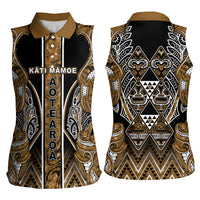 Aotearoa Kati Mamoe Women Sleeveless Polo Shirt Maori Brown Tribal Paua Shell Pattern
