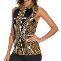 Aotearoa Kati Mamoe Women Sleeveless Polo Shirt Maori Brown Tribal Paua Shell Pattern