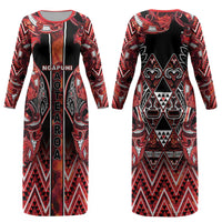 Aotearoa Ngapuhi Couples Matching Long Sleeve Bodycon Dress and Hawaiian Shirt Maori Red Tribal Paua Shell Pattern