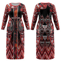 Aotearoa Ngapuhi Couples Matching Long Sleeve Bodycon Dress and Long Sleeve Button Shirt Maori Red Tribal Paua Shell Pattern