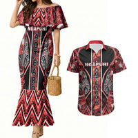 Aotearoa Ngapuhi Couples Matching Mermaid Dress and Hawaiian Shirt Maori Red Tribal Paua Shell Pattern