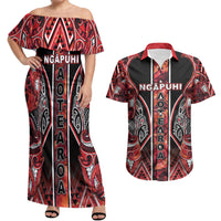 Aotearoa Ngapuhi Couples Matching Off Shoulder Maxi Dress and Hawaiian Shirt Maori Red Tribal Paua Shell Pattern