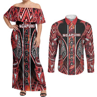 Aotearoa Ngapuhi Couples Matching Off Shoulder Maxi Dress and Long Sleeve Button Shirt Maori Red Tribal Paua Shell Pattern