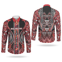 Aotearoa Ngapuhi Couples Matching Off Shoulder Maxi Dress and Long Sleeve Button Shirt Maori Red Tribal Paua Shell Pattern