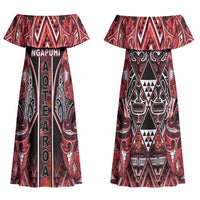 Aotearoa Ngapuhi Couples Matching Off Shoulder Maxi Dress and Long Sleeve Button Shirt Maori Red Tribal Paua Shell Pattern