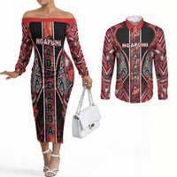 Aotearoa Ngapuhi Couples Matching Off The Shoulder Long Sleeve Dress and Long Sleeve Button Shirt Maori Red Tribal Paua Shell Pattern