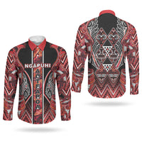 Aotearoa Ngapuhi Couples Matching Off The Shoulder Long Sleeve Dress and Long Sleeve Button Shirt Maori Red Tribal Paua Shell Pattern