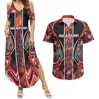 Aotearoa Ngapuhi Couples Matching Summer Maxi Dress and Hawaiian Shirt Maori Red Tribal Paua Shell Pattern