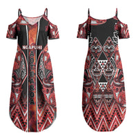 Aotearoa Ngapuhi Couples Matching Summer Maxi Dress and Long Sleeve Button Shirt Maori Red Tribal Paua Shell Pattern