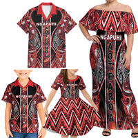 Aotearoa Ngapuhi Family Matching Off Shoulder Maxi Dress and Hawaiian Shirt Maori Red Tribal Paua Shell Pattern