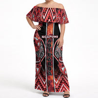Aotearoa Ngapuhi Off Shoulder Maxi Dress Maori Red Tribal Paua Shell Pattern