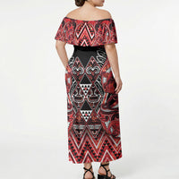 Aotearoa Ngapuhi Off Shoulder Maxi Dress Maori Red Tribal Paua Shell Pattern