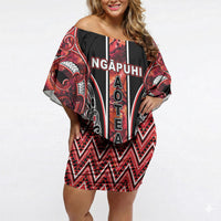 Aotearoa Ngapuhi Off Shoulder Short Dress Maori Red Tribal Paua Shell Pattern