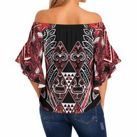 Aotearoa Ngapuhi Off Shoulder Wrap Waist Top Maori Red Tribal Paua Shell Pattern