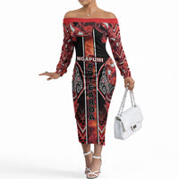 Aotearoa Ngapuhi Off The Shoulder Long Sleeve Dress Maori Red Tribal Paua Shell Pattern
