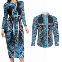 Aotearoa Ngati Porou Couples Matching Long Sleeve Bodycon Dress and Long Sleeve Button Shirt Maori Light Blue Tribal Paua Shell Pattern