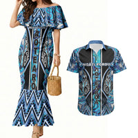 Aotearoa Ngati Porou Couples Matching Mermaid Dress and Hawaiian Shirt Maori Light Blue Tribal Paua Shell Pattern