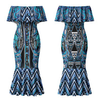 Aotearoa Ngati Porou Couples Matching Mermaid Dress and Long Sleeve Button Shirt Maori Light Blue Tribal Paua Shell Pattern