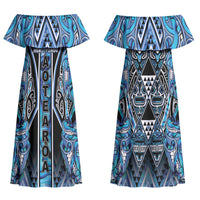 Aotearoa Ngati Porou Couples Matching Off Shoulder Maxi Dress and Hawaiian Shirt Maori Light Blue Tribal Paua Shell Pattern