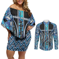 Aotearoa Ngati Porou Couples Matching Off Shoulder Short Dress and Long Sleeve Button Shirt Maori Light Blue Tribal Paua Shell Pattern