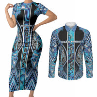 Aotearoa Ngati Porou Couples Matching Short Sleeve Bodycon Dress and Long Sleeve Button Shirt Maori Light Blue Tribal Paua Shell Pattern